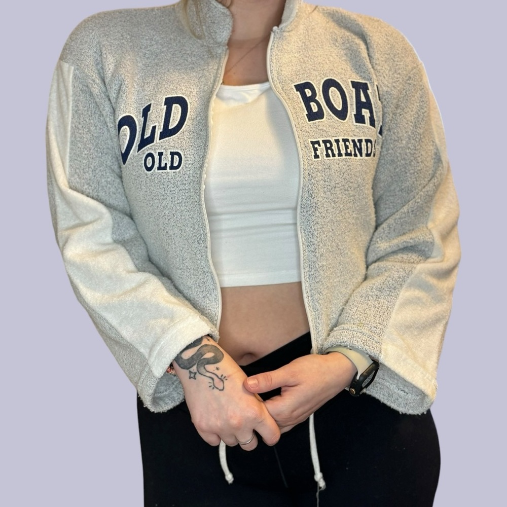 Vintage Women’s Grey and white zip up “Old boats, Old Friends” sweater/jacket